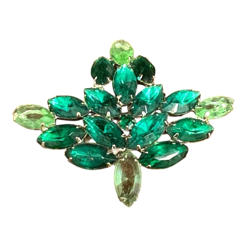 Vintage Emerald Green Navette Rhinestone Statement Brooch J10